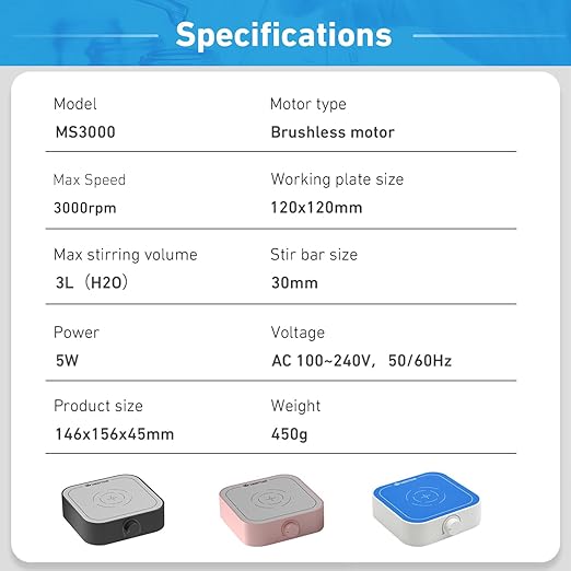 3000rpm Magnetic Stirrer Mixer with 7pcs Stir Bar Set, Brushless DC Motor Max 3000ml Electric Magnetic Stir Plate Mixer （No Heating)