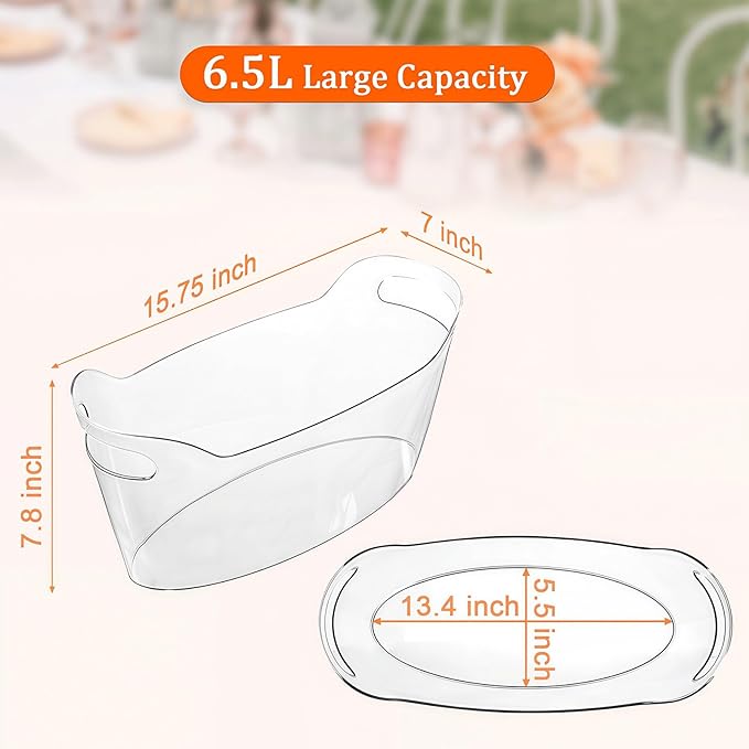6.5L Ice Bucket 2 Pack Ice Buckets for Parties, Beverage Tub for Cocktail Bar with Handle, Drink Cooler for Wine Beer Champagne, Clear Ice Bucket with Scoop for Mimosa Bar Drink Chiller