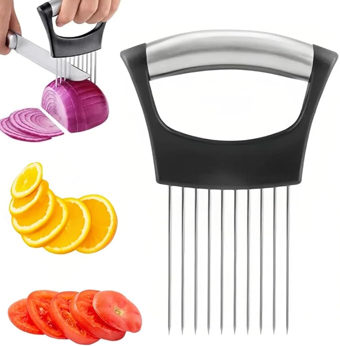 Onion Holder for Slicing, Stainless Steel Onion Slice Holder Lemon Slicer Vegetable Cutter, Multifunctional Chopper Assistant Kitchen Slicer Tool for Fruit, Meat, Tomato, Onion Slicing (1 Pack)