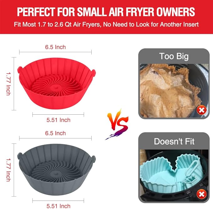 Small Air Fryer Silicone Liners for COSORI/Instant Pot/Chefman/Ninja/Dash/Bella/GoWise/COSMO Air Fryer 2QT 2.1QT 2.3QT 2.5QT, 2 Pack Reusable Silicone Basket Pot Baking Tray AirFryer Accessories