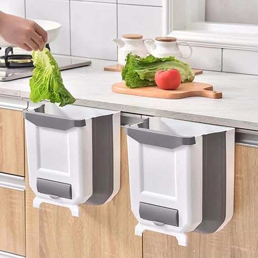 2 Pack Kitchen Trash Can, Foldable Trash Can for Kitchen, Collapsible Hang Small Plastic Garbage Can 2.4 Gallon for Cabinet/Car/Bedroom/Bathroom/Office (White, 2PC)
