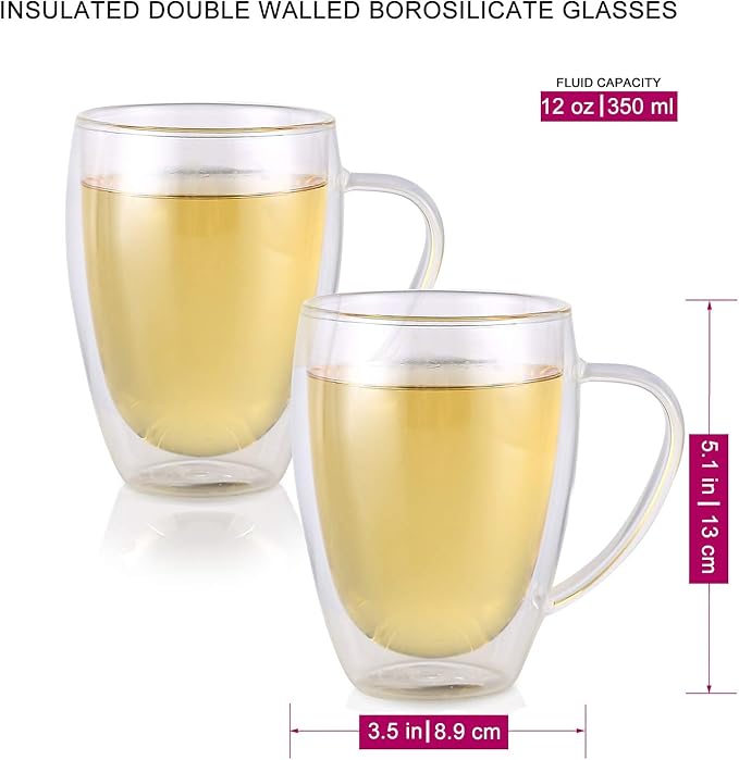 Teabloom Double Walled Glasses - Set of 2 Insulated Glass Mugs for Tea, Coffee, and More (12 Ounces) – Clear Bliss Collection