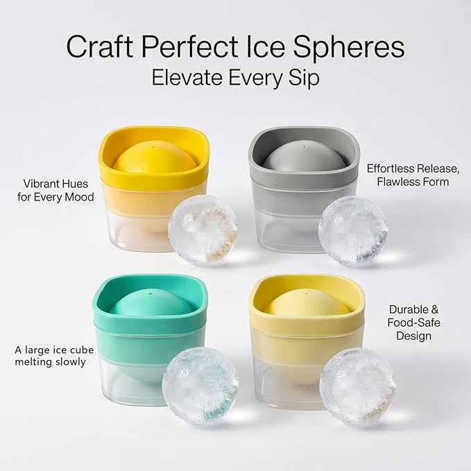 4 Pack Silicone Ice Ball Maker Mold with Lid - 2.4 Inch Large Round Ice Cube Trays, Stackable Easy Release Whiskey Ice Spheres for Freezer, Cocktails, Bourbon