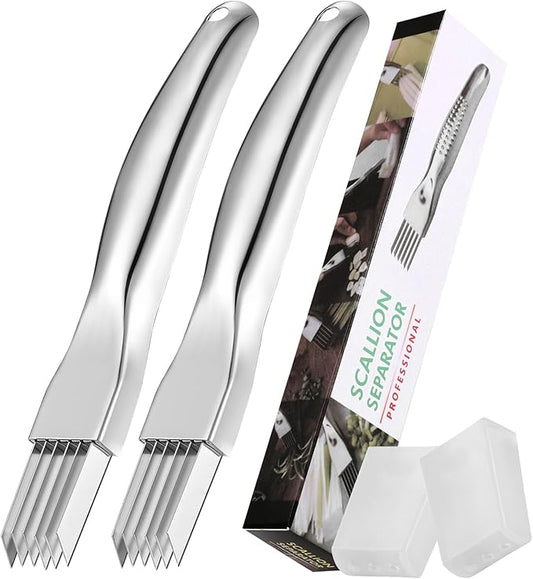 2Pcs Upgrade Shred Silk The Knife, Stainless Steel Green Onion Cutter, Multifunctional Kitchen Vegetable Chopper for Garlic Onion, Premium Food Slicer Gadget, Off the College
