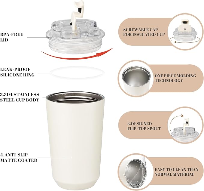 Puraville Insulated Tumblers with Lid, 14 oz Travel Coffee Mug Stainless Steel Vacuum Cup, Leak Proof Reusable Double Walled Coffee Tumbler for Iced and Hot Drinks, Cream