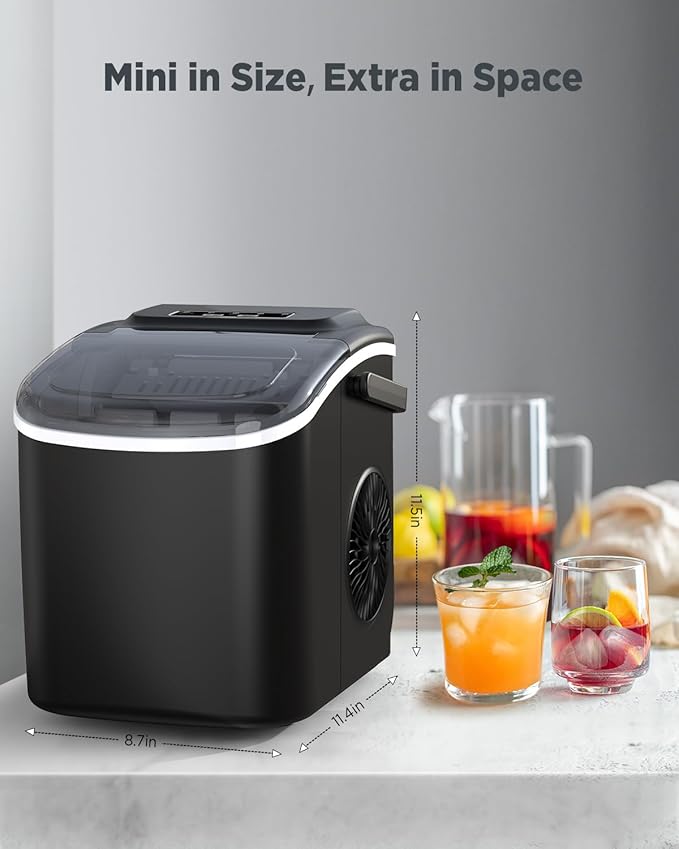 Ice Maker Countertop, Portable Ice Machine Ready in 6 Minutes with 9 Cubes 26LBS in 24H, Self-Cleaning with Ice Scoop and Basket, Two Sizes of Bullet Ice for Home Kitchen Office, Bar and Parties