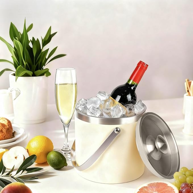3L Beige-White Double Wall Insulated Stainless Steel Ice Bucket with Scoop for Cocktail Bar,Metal Ice Bucket for Freezer with Lid for Parties.ice Container to Keep Ice Colder,bar cart Accessories