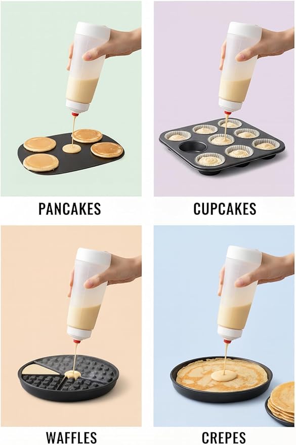 Pancake Batter Dispenser & Mixer/Shaker Bottles, 2-Pack (1000mL Each) – Whisk Ball, No-Drip Silicone Tip, Leakproof, Dishwasher-Safe, BPA-Free – For Pancakes, Waffles, Crepes, Muffins