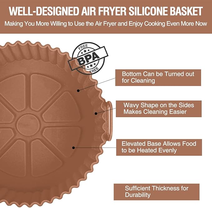 2 Pack Air Fryer Silicone Liners Pot for 3 to 5 QT, Air Fryer Silicone Basket Bowl, Replacement of Flammable Parchment Paper, Reusable Baking Tray Oven Accessories, Brown+Blk, (Top 8in, Bottom 6.75in)