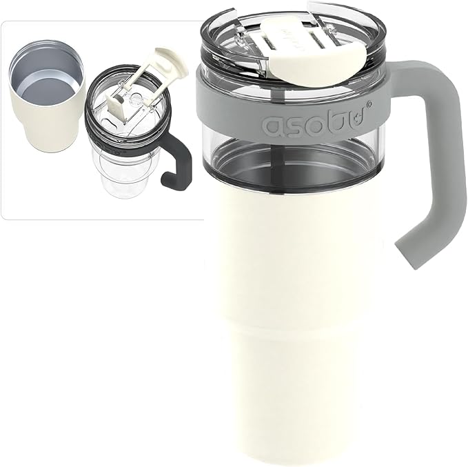 asobu Extra Large Travel Explorer Tumbler for Hot and Cold with Stainless Steel Removable Coffee Mug Sleeve - Straw and Flip Open Sip Spout, 34 oz / 25 oz (White)