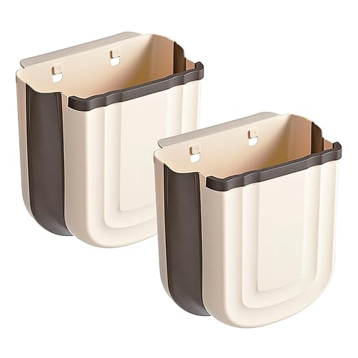 Small Foldable Hanging Kitchen Trash Can, Plastic Waste Bin for Cabinet, Wall Mounted 2.4 Gallon Wastebasket for Bathroom, Bedroom