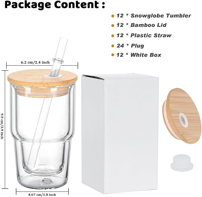 4 Oz Mini Glass Snowglobe Tumbler, 12 Pack Pre-Drilled Double Wall Mini Shot Snow Globe Tumbler Cup For Glitter Snow Globe Diy