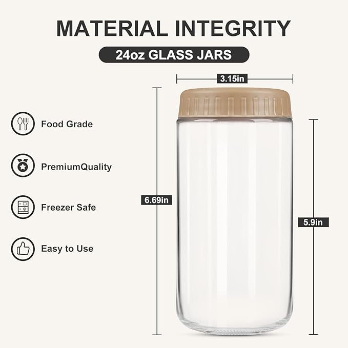 SHOWIN Overnight Oats Containers with Lids, 24oz Glass Jars with Lids 8 pcs, Taffy, Wide Mouth Mason jars for Salad, Yogurt, Snacks, Meal Prep
