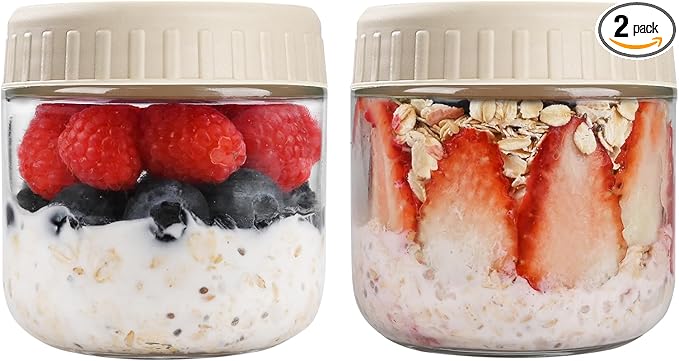 SHOWIN Overnight Oats Containers with Lids, 10oz Glass Jars with Lids 2 pcs, Apricot, Wide Mouth Mason jars for Salad, Yogurt, Snacks, Meal Prep