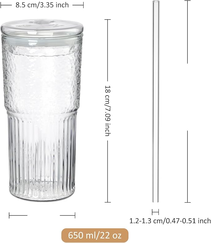 Joeyan 22 oz Glass Tumbler with Straw and Lid for Iced Tea Coffee Smoothie Water Juice Beverages Soda,Clear Borosilicate Glasses Cups,Ribbed Drinking Jar,Set of 2,Dishwasher Safe