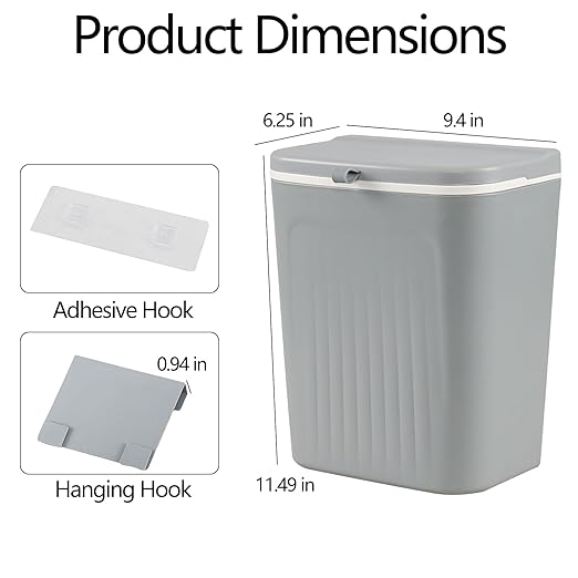 3.2 Gallon/12 L Plastic Wall Mounted Trash Can with Lid, Hanging Garbage Can for Cupboard, Bathroom(Gray)