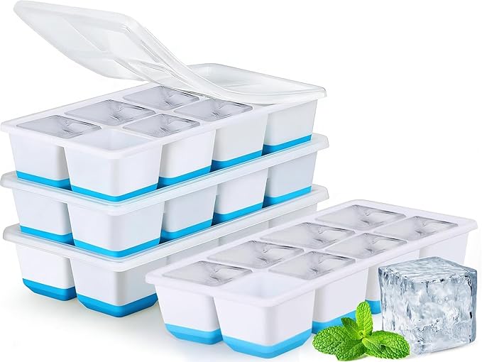 Ice Cube Trays 4 Pack, JRISBO Large Silicone Ice Cube Molds with Leak-Proof Lid, TPE Frame & Easy Release Bottom, Stackable Freezer Ice Trays for Whiskey, Cocktails, Soup, BPA Free