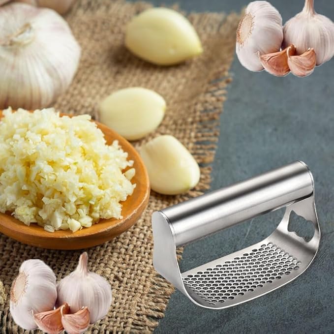 Garlic Presses,Stainless Steel Garlic Presser, Garlic Press Rocker Heavy Duty Stainless Steel Garlic Mincer, Garlic Chopper with Peeler And Cleaning Brush for Smash Garlic Kitchen Tools(2Set)