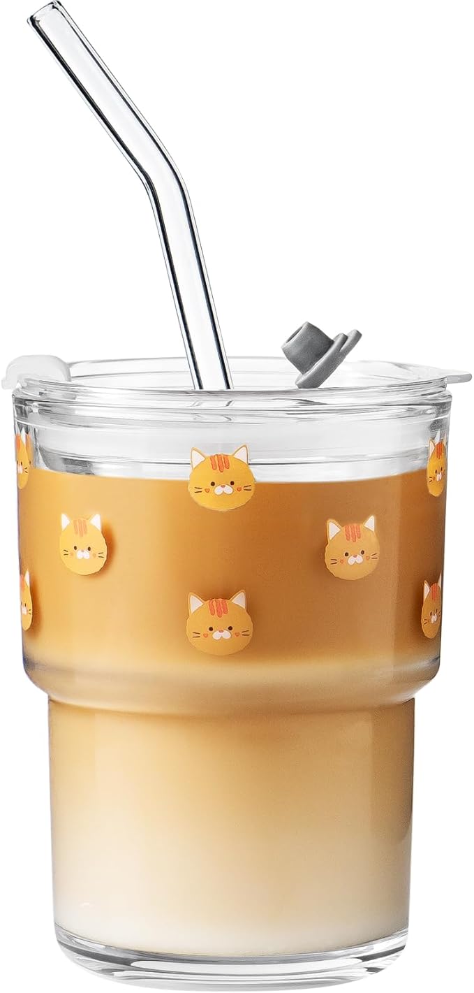 Olvini 13oz Glass Tumbler with Straw and Lid, Reusable Iced Coffee Cup Tumbler, Cute Glass Cups for Water, Matcha, Travel Coffee Mugs (Cute Cat - 13oz)