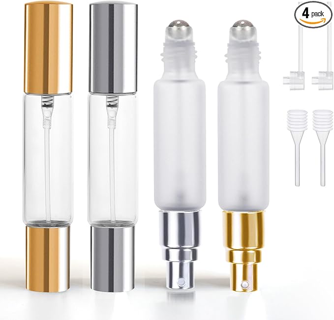 YOCASII 4PCS Roller Bottles for Essential Oils & Mini Spray Bottle Design, Refillable Essential Oil Roller Bottles and Travel Perfume Bottle Refillable for Perfume, Castor Oil