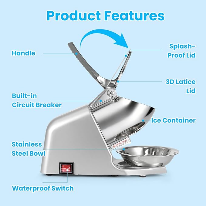 Four Blades 226lbs/hr Electric Ice Crusher, 300W Ice Shaver, 2200 RPM Shaved Ice Machine with Extra Blade and Ice Pick for Home and Commercial Use, ETL-Listed, Silver