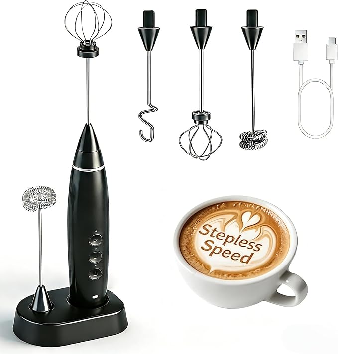 3-in-1 Electric Milk Frother with 3 Stainless Steel Whisks, USB Rechargeable Handheld Foam Maker with Charging Stand, 3 Speed Coffee Frother for Latte, Cappuccino, Hot Chocolate