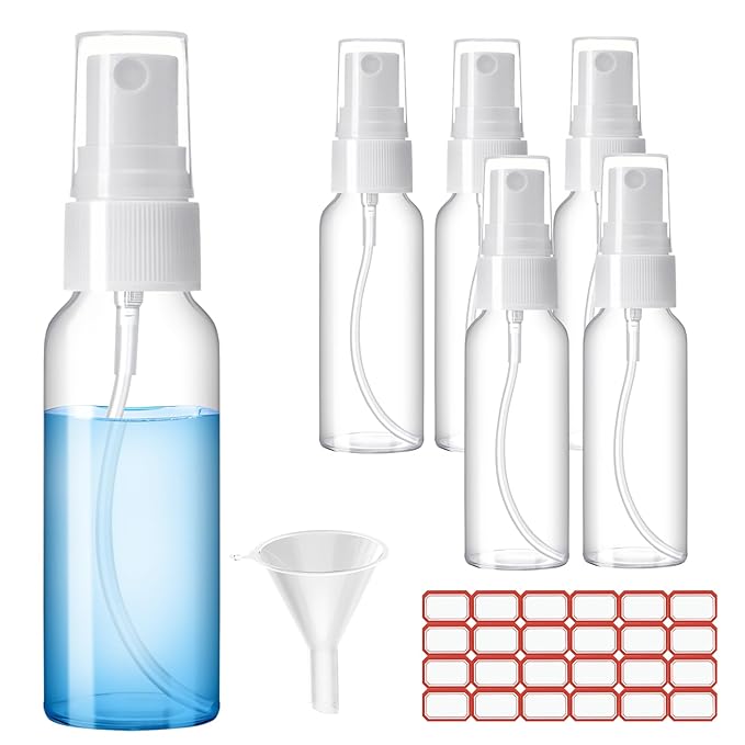 Zoizocp Spray Bottles, 2oz/50ml Clear Empty Fine Mist Plastic Mini Travel Bottle Set, Small Refillable Liquid Containers with 2pcs Funnels and 24pcs Labels (6 Pack)