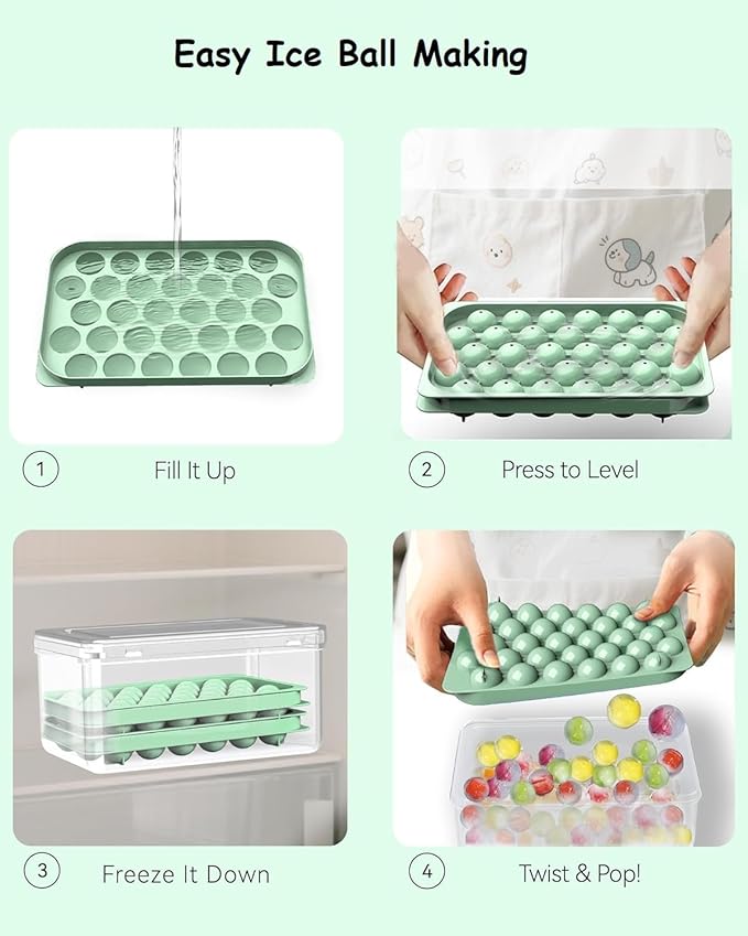 Mini Ice CubeTray with Lid & Storage Bin - 64 Pcs 0.75 Inch Small Sphere Ice Cube Mold Maker, BPA-Free Easy Release Silicone Base, Stackable Ice Trays for Freezer for Cocktails, Coffee