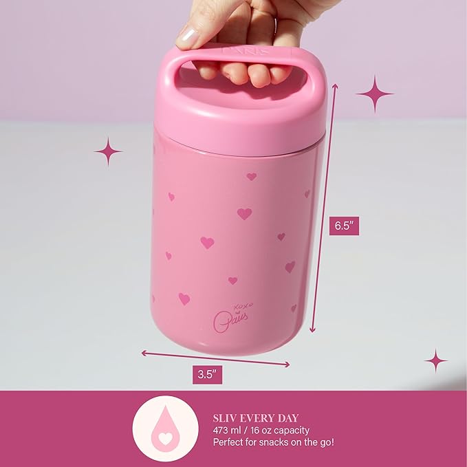 Paris Hilton Stainless Steel Food Jar, Double Wall Vacuum Sealed Insulated Food Storage Container with Carry Handle Lid, 16-Ounce, Pink with Heart Design (Pack of 4)
