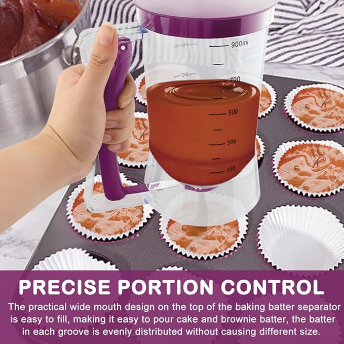 Pancake Batter Dispenser with Squeeze Handle, Cupcake Batter Dispenser with Oil Brush & Scraper for Precise Portion Control, Baking Tool for Pancakes Cupcake, Waffle, Muffin Mix (Purple)