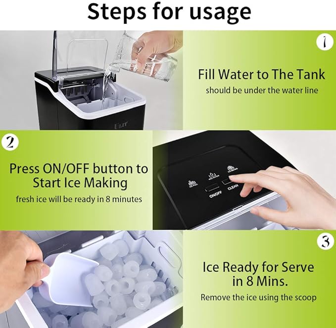 ULIT Portable Ice Maker,Ice Maker Machine for Countertop, Self-Cleaning Function Ice Cube Maker,Make 26 lbs Ice in 24 hrs, 9 Ice Cubes Ready in 8 Minutes,with Ice Scoop and Basket(Black)