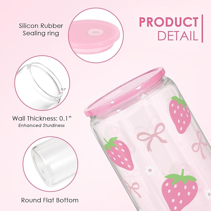 SANDJEST Strawberry 16 Oz Can Glass Tumbler with Acrylic Lid and Straw - Iced Coffee Cups for Women, Aesthetic Glass Cup Gift for Birthday Christmas