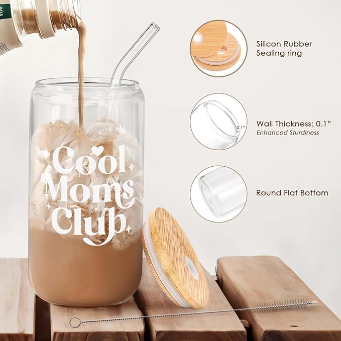 Mom Glass Can, Cool Mom Club Cup with Lid & Straw, Iced Coffee Aesthetic Cups, Idea Gift for Christmas Birthday Mother Day, Gifts for Women, 16oz