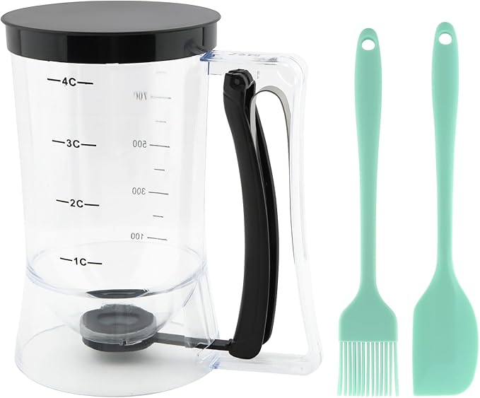 4 Cup Pancake Cupcake Batter Dispense, 900mL Pancake Dispenser With Measuring Label Squeeze Handle Bracket and Silicone brush scraper for Waffles, Muffins, Crepes & Cupcakes(Black)