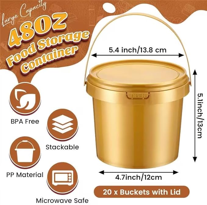 Funnymoom 20 Pack 48 oz Gold Buckets with Lid Plastic Ice Cream Buckets with Lid and Handle Ice Cream Tub Food Storage Containers Round Plastic Pails Freezer and Microwave Safe for Food