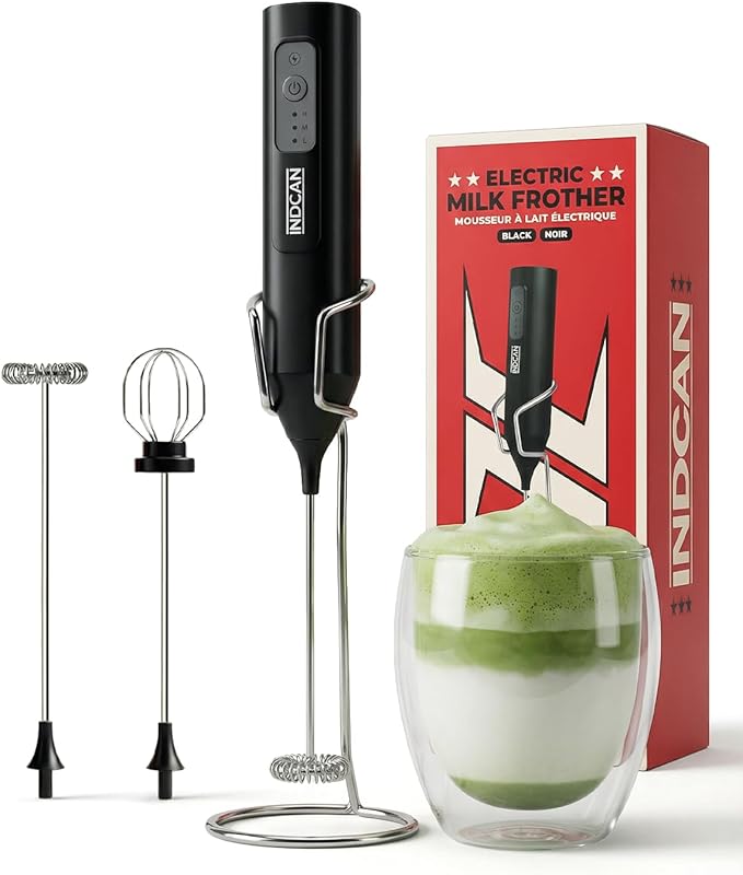 INDCAN Rechargeable Milk Frother Handheld, Electric Coffee Frother Wand with Stainless Steel Stand, 3-Speed Foam Maker with 2 Whisks, USB-C Drink Mixer for Latte, Cappuccino, Matcha (Elite, Black)