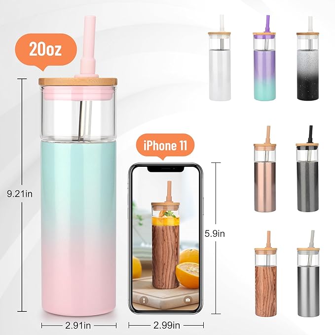 Tronco 20 oz Vacuum Insulated Glass Tumbler with Lid and Straw - Keeps Drinks Cold for 12 Hrs - Reusable Glass Cup for Iced Coffee, Smoothies & Boba - Sweat & BPA Free, Dishwasher Safe, Fit Car Holder