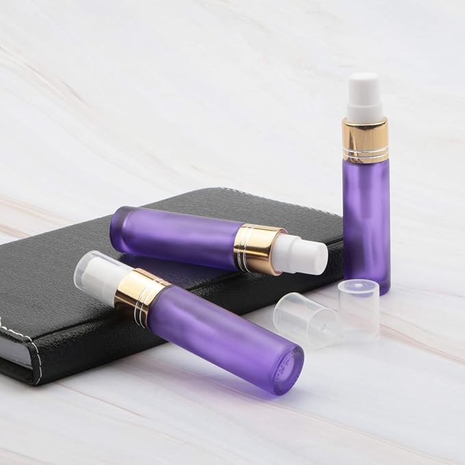 Ellbest 10ml Small Spray Bottles Empty Mist Spray Glass Bottle Mini Perfume Vilas Atomizer Travel Glass Containers for Cosmetics Sample, Cleaning (10 Matte Purple Bottles &5 Droppers &10 Funnels)