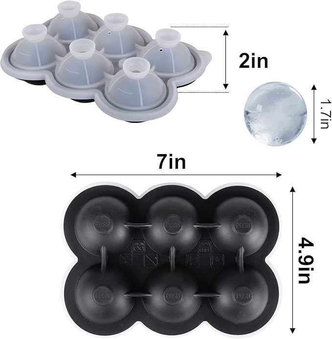 Sphere Ice Ball Mold with Lid, Food-Grade Silicone Ice Trays, Easy Fill and Release Round Ice Maker Mold for Whiskey, Bourbon, Cocktail, Drinks(1.7In*6 Balls- Black/2 Pack)
