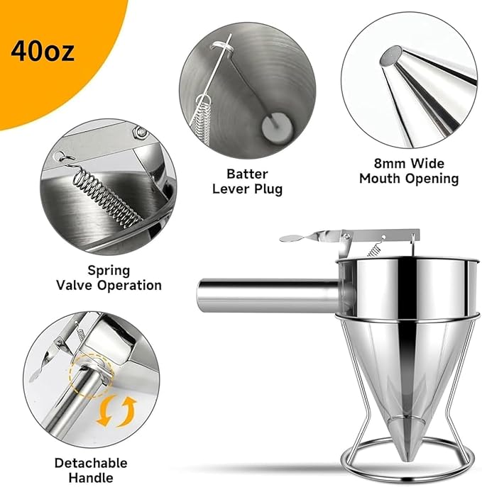 Pancake Batter Dispenser, 40oz Multi-Caliber Stainless Steel Funnel Cake Dispenser with Stand Waffle Batter Dispenser Pancake Maker Cooking Tools (1.2L)