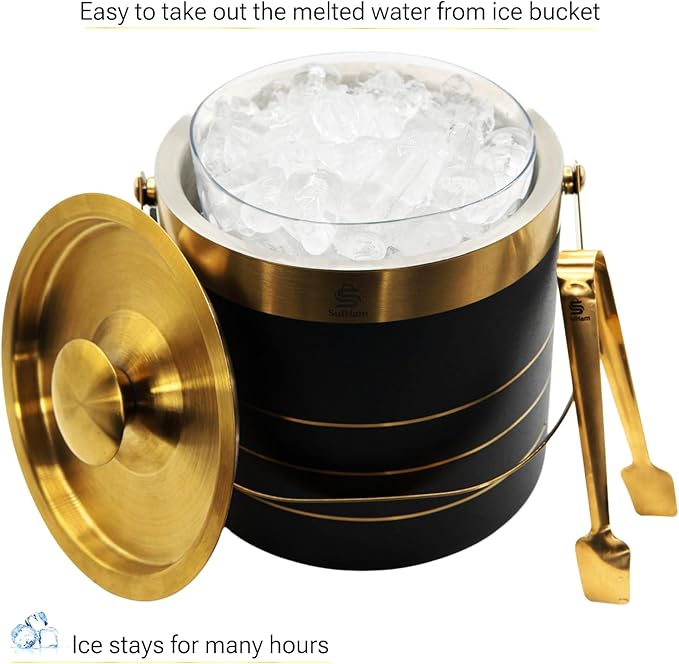 3L - Double-walled stainless Steel Ice Bucket with lid, Ice Tong and Inner Bucket for parties, cocktail bars and indoor and outdoor parties