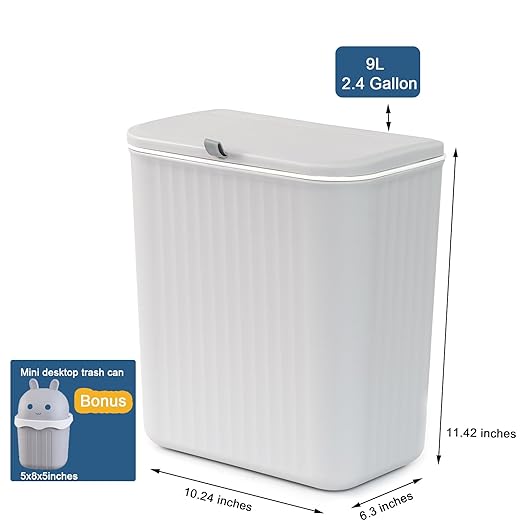 2.4 Gallon Kitchen Compost Bin for Counter Top or Under Sink, Hanging Small Kitchen Trash Can with Lid, Wall Mounted Waste Basket Bin Garbage Can for Bathroom (Grey)