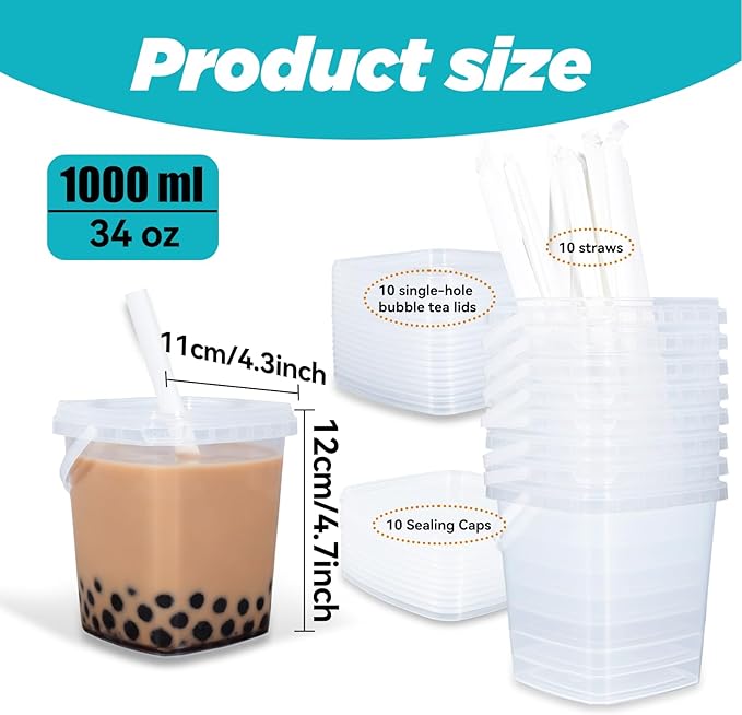 10Pack 34oz Reusable Drink Bucket with Sealed Lid & Straw - Clear Plastic Party Cups for Coffee, Drinks & Ice, Plastic Food Storage Container