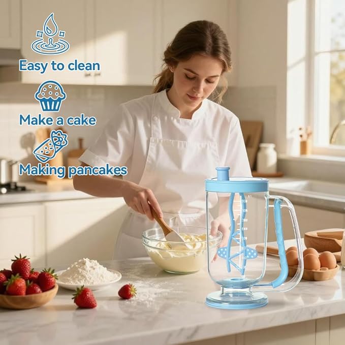 Pancake Batter Dispenser with Built-in Mixer Handle - No-Drip Handheld Funnel for Pancakes, Baking, Waffles, Cupcakes & Muffins - Easy Squeeze Baking Tool for Perfect Portions