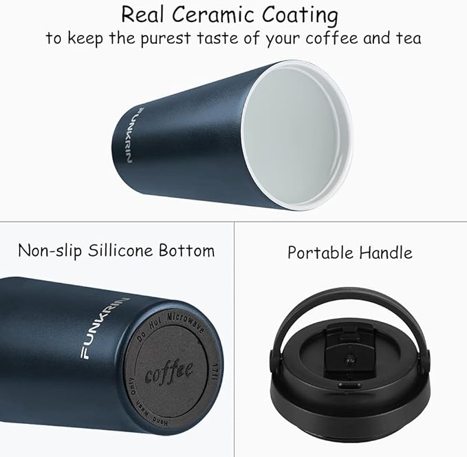 Funkrin Coffee Travel Mug with Flip Lid, 16oz Insulated Tumbler Cup with Ceramic Coating, Double Wall Vacuum Leak-Proof Tumbler for Office School Party Camping
