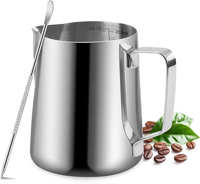 Milk Frothing Pitcher, 350ml/12oz Milk Frother Cup Stainless Steel Jug Steaming Pitcher, Milk Coffee Cappuccino Latte Art Barista Steam Pitchers Milk Jug Cup with Decorating Pen