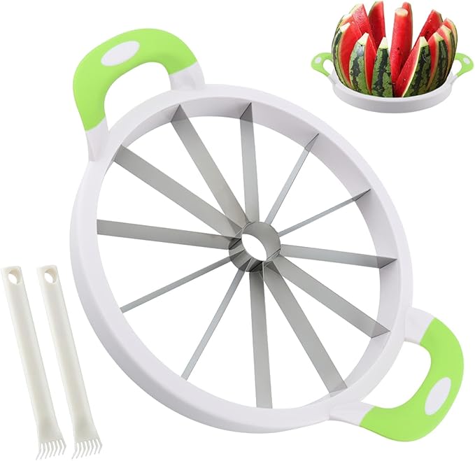 Extra Large Watermelon Slicer Cutter, Stainless Steel Watermelon Knife Set with See-d Remover, Sharp Fruit Cutter Round Divider for Cantaloup Melon Pineapple, Fruits up to 30cm(COLOR:Green)