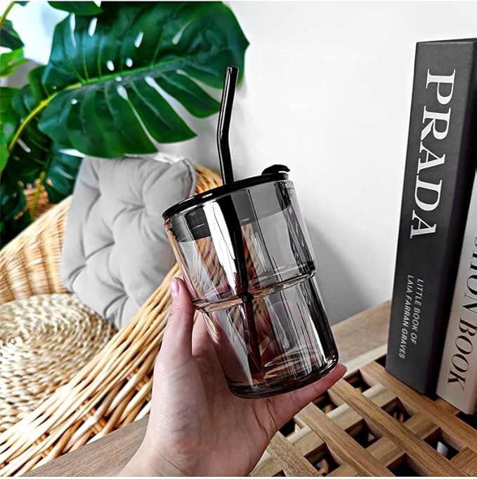BLUEPOLAR 13oz/400ml Tumbler Water Glass, Water Bottle with Straw and Lid Sealed Carry on, Glass Coffee Mug Iced Tea Cup Thick Wall Insulated Glass Cup (Gray)