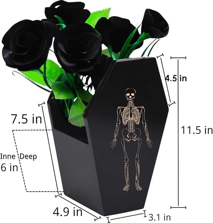 Halloween Gothic Kitchen Decor - Goth Coffin Utensil Holder (Utensils Not Included), Dual-Sided Laser-Etched Skeleton, Solid Wood Large Capacity for Spooky Bats Spoons Skull Spatulas