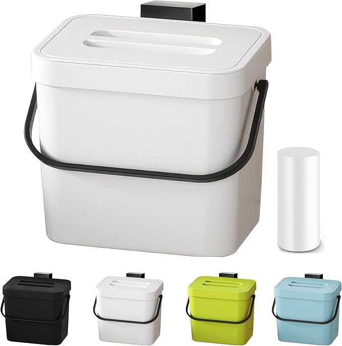 Kitchen Compost Bin - 1.8 Gallons Hanging Trash Can with Lid for Kitchen Cabinet Door, Under Sink, Wall Mounted Waste Bin for Bathroom, 7L(White)